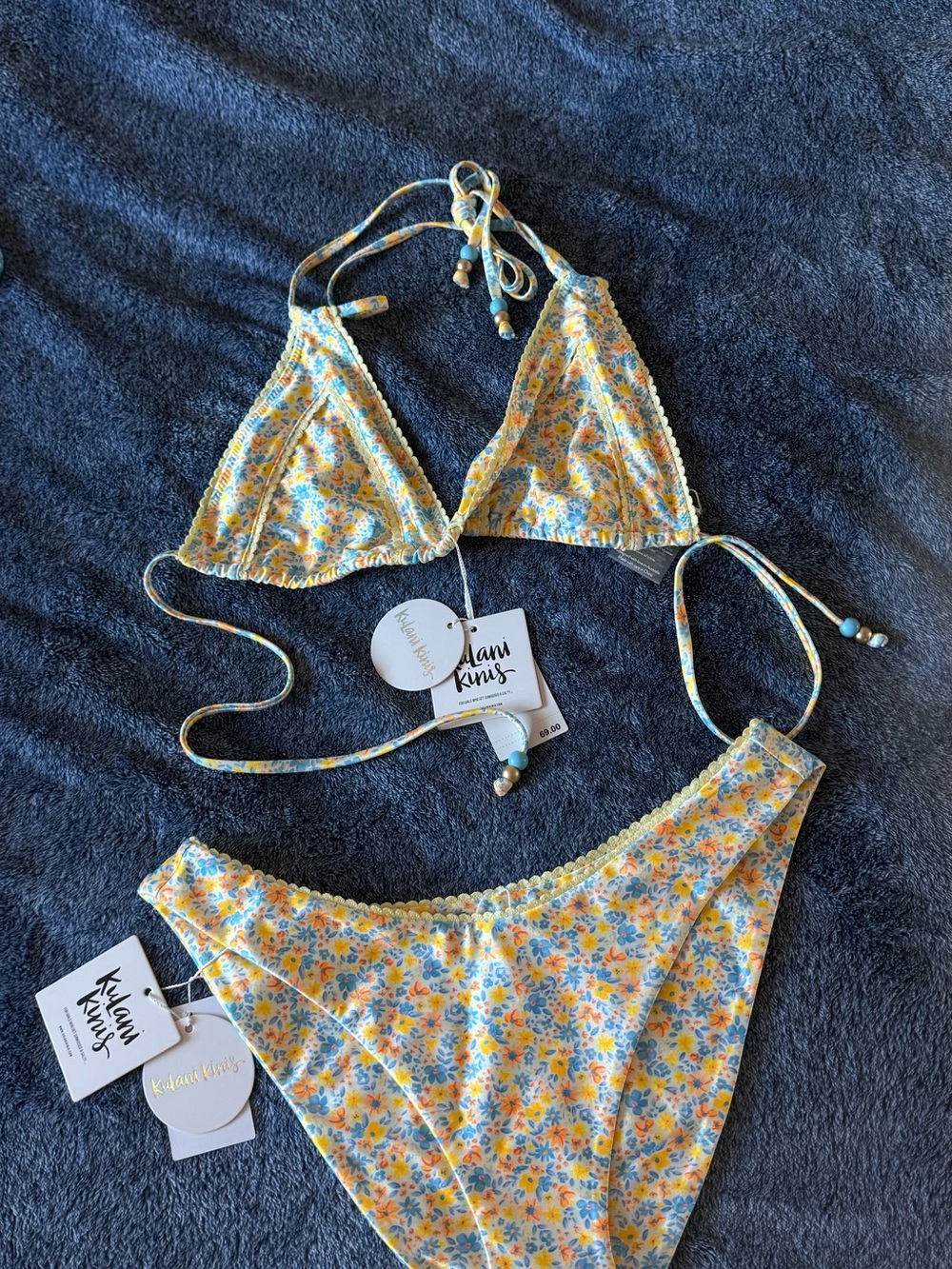 NWT Kulani Kinis Decorative Panel Bikini Halter Top & High Cut Bottoms👙🧡💛🩵🌸